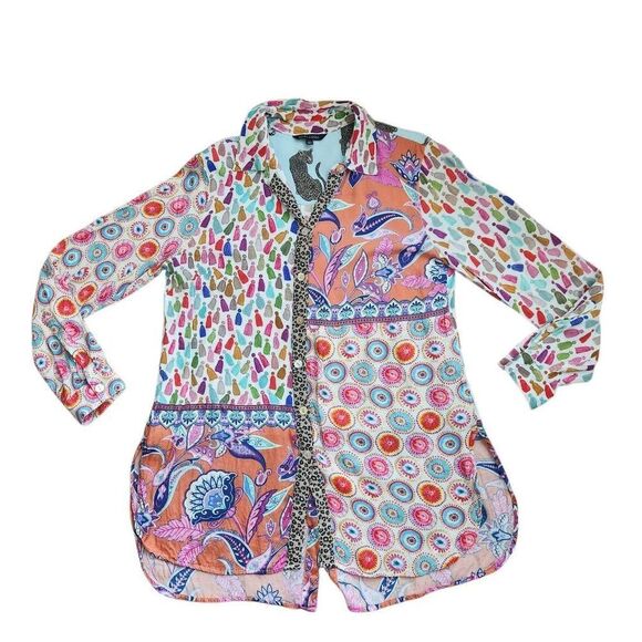 John Mark Tunic Top Womens Medium Button Front Boho Floral Leopard Paisley Anima - Picture 2 of 5